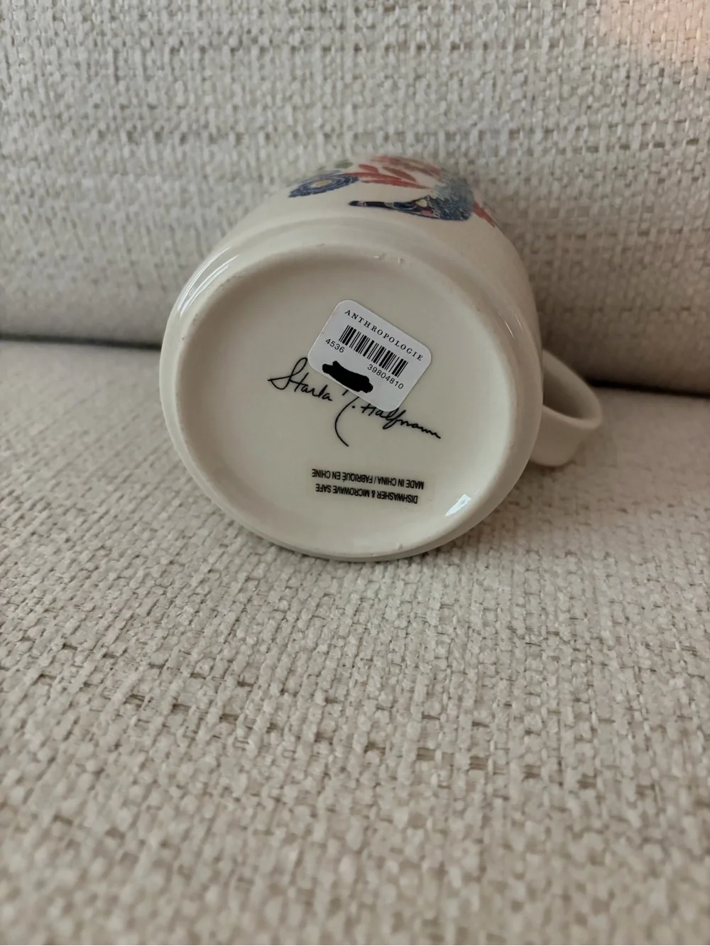 Anthropologie Floral Monogram Mug in White with Blue and Coral Accents